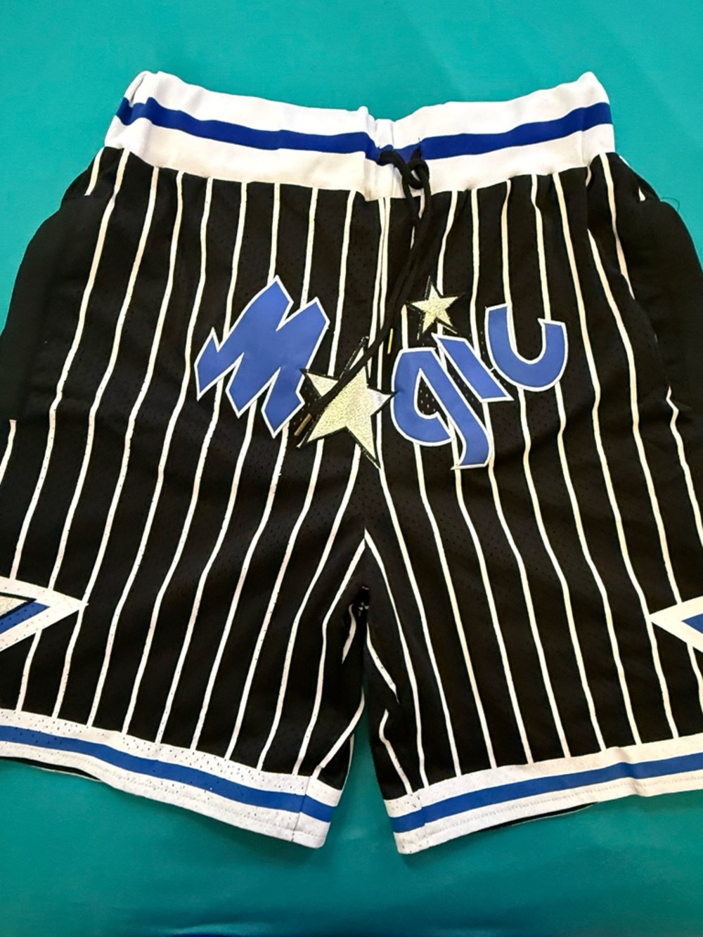Just Don Black Pinstripe Athletic Shorts with Blue and White Accents